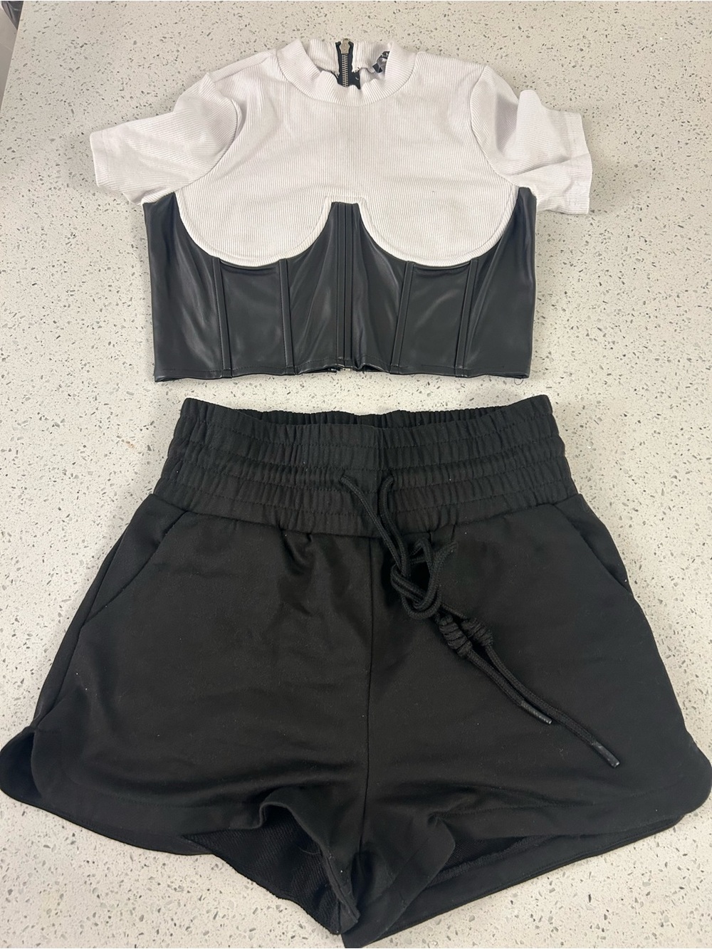 AKIRA Black & White Faux Leather Corset Ribbed Crop and Top and Short set